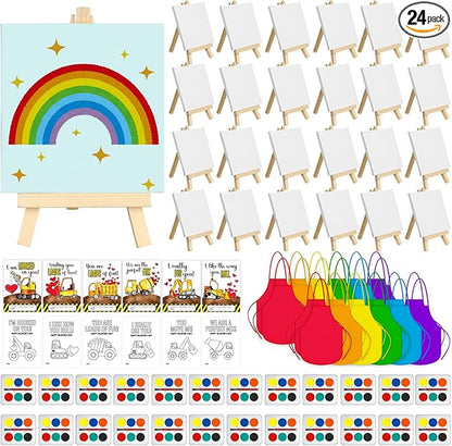 Gosodeny 24 Sets Valentines Watercolor Paint Set Painting Cards Painting Canvas Panel with Wooden Easel Watercolor Paint Painting Brush Kit Valentines Day Cards Packaging Bag Set Gifts