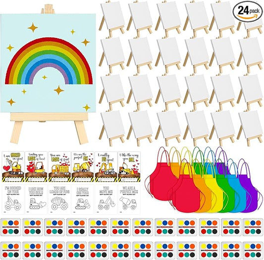 Gosodeny 24 Sets Valentines Watercolor Paint Set Painting Cards Painting Canvas Panel with Wooden Easel Watercolor Paint Painting Brush Kit Valentines Day Cards Packaging Bag Set Gifts