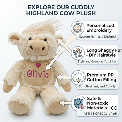 Personalized White Highland Cow Stuffed Animal - Custom Name Embroidered Plush Toy - Soft Cream Cow Nursery Decor, Baptism & Baby Shower Keepsake Gift for Boys Girls (10/13/16 Inch)