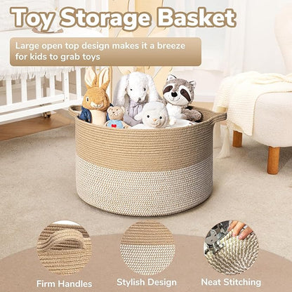 Goodpick Large Woven Storage Basket 21.7x13.8 Inch, White & Jute Laundry Hamper with Handles for Clothes, Blankets, Pillows, Blanket Basket for Living Room, Bedroom
