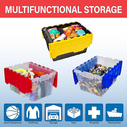 Akro-Mils KeepBox 12 Gallon Storage Container, Nesting and Stackable Plastic Storage Box with Lid Attached, Clear Tote for Garages, Closets, and Moving, 21-1/2" x 15" x 12-1/2", Clear/Red, 6-Pack