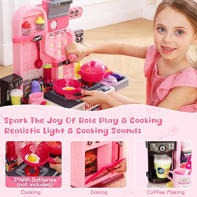 Kids Kitchen Playset, 27.1 Inches Play Kitchen with Sound and Light, Kitchen Set for Toddlers 1-3 3-5, Cooking Stove, Play Sink and Kitchen Accessories, Toddler Kitchen Playset(Pink)