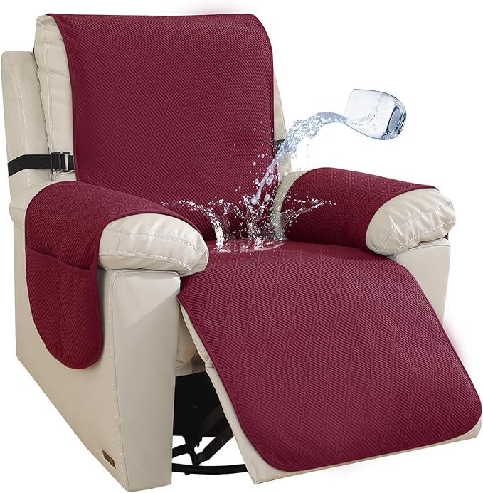 Easehomey Waterproof Recliner Chair Cover, Non-Slip Recliner Cover with Elastic Straps Two Pockets Slipcover Washable Oversized Reclining Chair Cover Furniture Protector for Kids,Pets (Wine Red, 28")