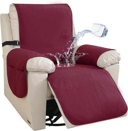 Easehomey Waterproof Recliner Chair Cover,Non-Slip Recliner Cover with Two Pockets Elastic Straps Slip Covers for Recliners with Arms Washable Reclining Chair Cover Furniture Protector(Wine Red,23.6")