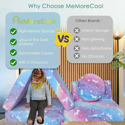 MeMoreCool Modular Glow Sofa for Kids, 8-Piece Convertible Foam Couch Play Set with Unicorn, Rainbow, and Star Pattern for Toddlers and Playroom