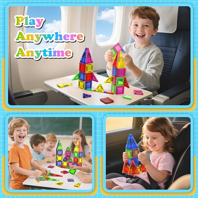 Mini Magnetic Tiles, 40 PCS Travel Magnetic Tiles with Tin, Micro Magnet Travel Toy Portable for Kids Age 3+, STEM Educational Building Set Construction Toys, Boys Girls Toddlers Birthday Gifts