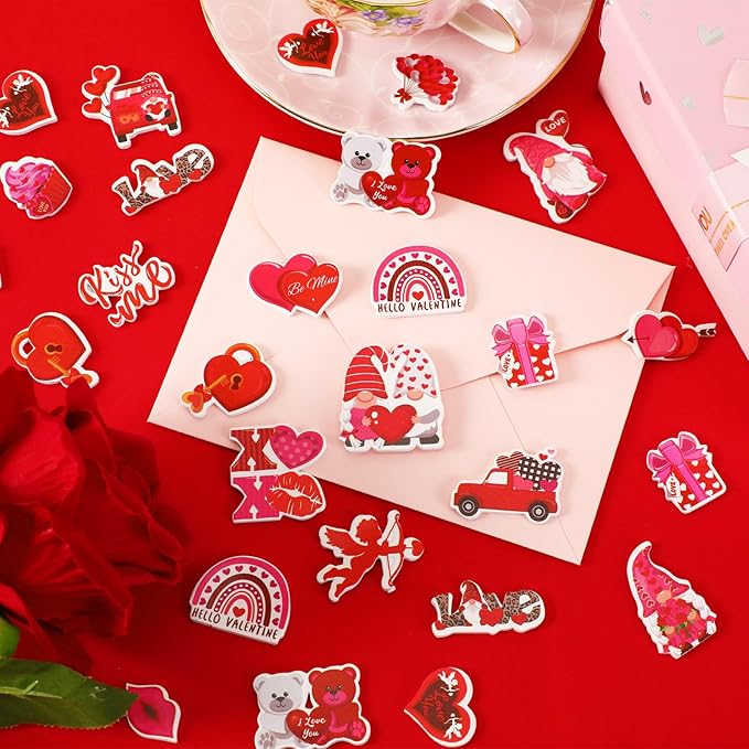 JULBEAR Valentine's Day Foam Sticker, 300Pcs Cartoon Styles Color Printing Heart Self Adhesive Stickers for Kids Party Favors DIY Crafts Decorations