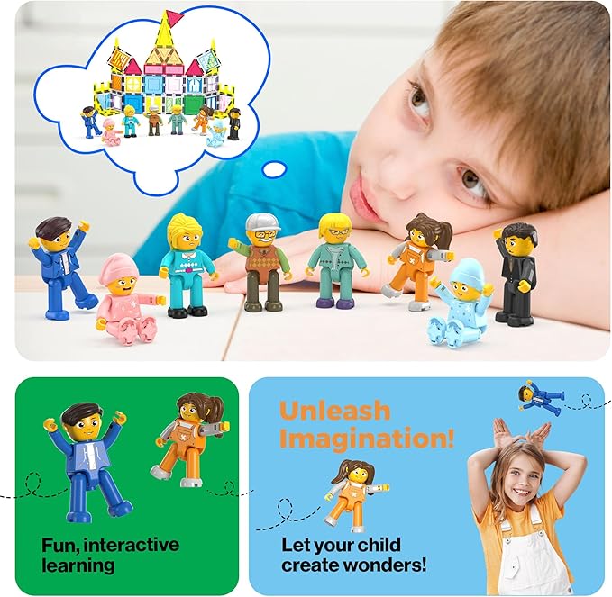 Picasso Toys Magnetic Action Figures 8 Piece Family Character for Construction Building Block Tiles Toddler Toy Set Magnet Expansion Variety Pack Educational STEM Learning Kit Pretend Playset PTA11