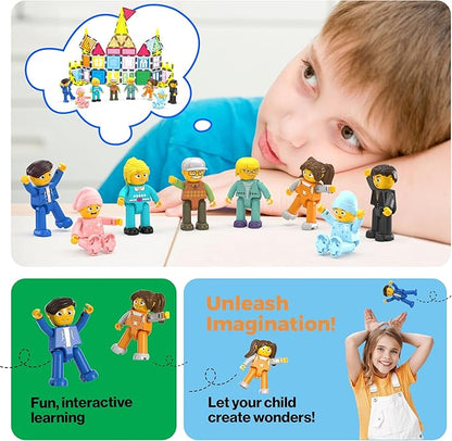 Picasso Toys Magnetic Action Figures 8 Piece Family Character for Construction Building Block Tiles Toddler Toy Set Magnet Expansion Variety Pack Educational STEM Learning Kit Pretend Playset PTA11