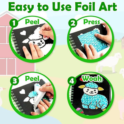 Foil Art Craft Activity for Kids: Fun DIY Toy Sticker Kit, No Mess Creative Travel Supply Set, Idea Birthday Easter Basket Stuffers Valentines Gift for Girl Boy Toddler 4 5 6 7 8 9 Year Old (Farm)