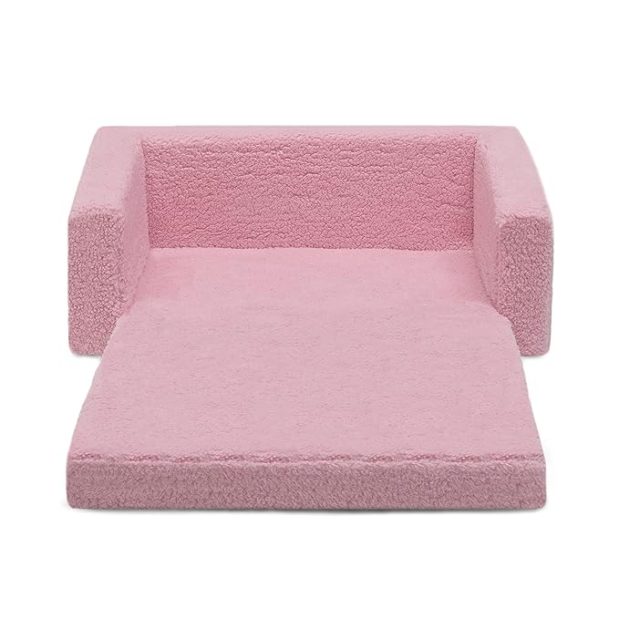 Delta Children Cozee Flip-Out Sherpa 2-in-1 Convertible Sofa to Lounger for Kids, Pink