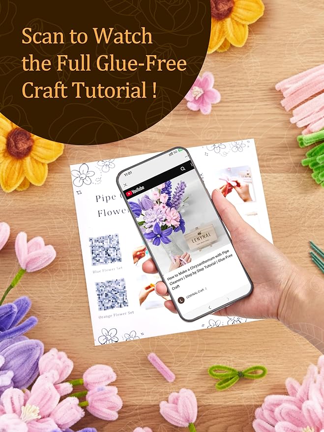 LENYNAL 500 Pcs Pastel Pipe Cleaners Craft Bulk, Purple Pipe Cleaner Flower Kit, Glue-Free & Safe for Kids, Step-by-Step Tutorial, 6 Colors Chenille Stems for Flower Making