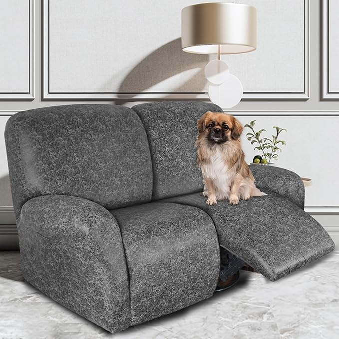 Leather Look Loveseat Recliner Covers Stay in Place 6-Piece Recliner Sofa Slipcover 2 Seater Reclining Couch Cover Spandex Fabric Washable (2 Seater, Light Grey)