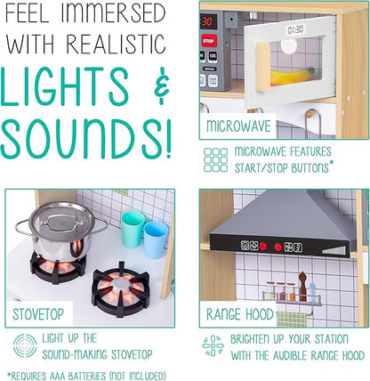 Lil' Jumbl Kids Wooden Natural Color Kitchen Set, Pretend Working Sink with Real Running Water, Includes Range Hood, Microwave & Stove Top, Realistic Sound & Light, Full Accessory Set Included