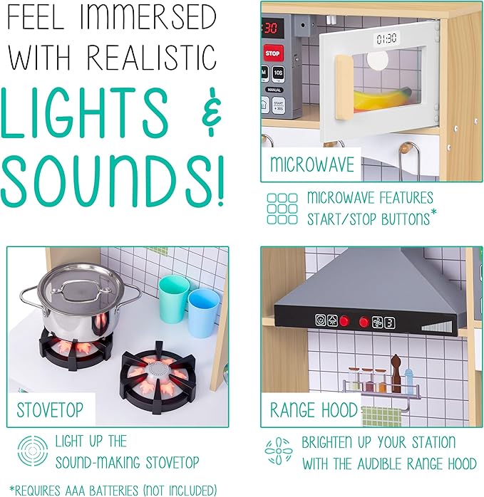 Lil' Jumbl Kids Wooden Natural Color Kitchen Set, Pretend Working Sink with Real Running Water, Includes Range Hood, Microwave & Stove Top, Realistic Sound & Light, Full Accessory Set Included