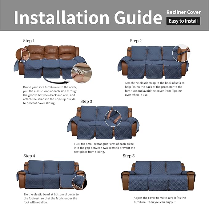 Easy-Going Recliner Sofa Cover, Reversible Couch Cover for 3 Seat Recliner, Split Sofa Cover for Each Seat, Furniture Protector with Elastic Straps for Kids, Dogs, Pet(3 Seater, Dark Blue/Light Blue)