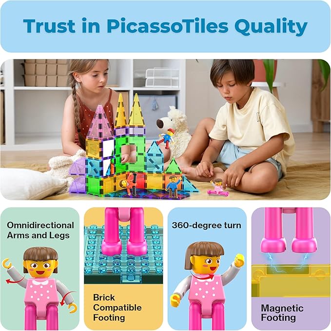 PicassoTiles Magnetic 4 Family Action Figures Toddler Toy Magnet Expansion Pack Educational Add-on STEM Learning Kit Toys Pretend Playset for Construction Building Block Tiles Child Brain Development