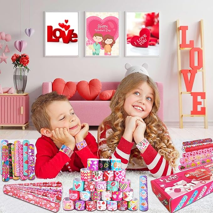 LUYI 108 Pcs Valentines Day Slap Bracelets Wristbands Valentines Day Party Supplies Toys School Class Classroom Game Prizes Goodie Bag Fillers