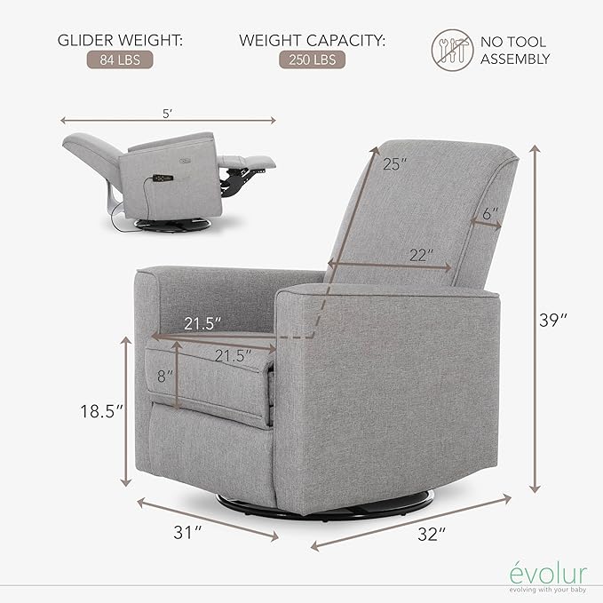 Evolur Harlow Deluxe Upholstered Plush Seating Glide Rocker, Swivel, Power Recliner USB Port with in-Built Massager, Greenguard Gold Certified, Glider Chair for Nursery in Light Grey