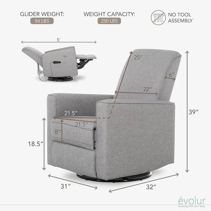 Evolur Harlow Deluxe Upholstered Plush Seating Glide Rocker, Swivel, Power Recliner USB Port with in-Built Massager, Greenguard Gold Certified, Glider Chair for Nursery in Light Grey