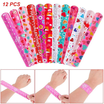 12 Valentines Slap Bracelets Wristbands, 12 Kids Temporary Tattoos Sheet, Heart Donut Monster Friendship,Valentine’s Day Party Favors Supplies, Valentines Gift Classroom Prizes Exchanging