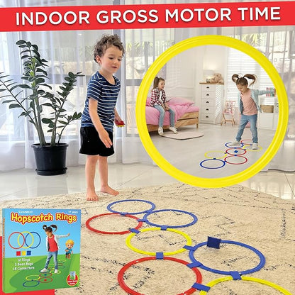 Hopscotch Rings, 12 x 11 Inch Rings & 3 Bean Bags, Play Hopscotch Outdoor & Indoor Obstacle Course for Kids 3-5, Recess Toys & Physical Education Equipment, Gross Motor Games PE Equipment