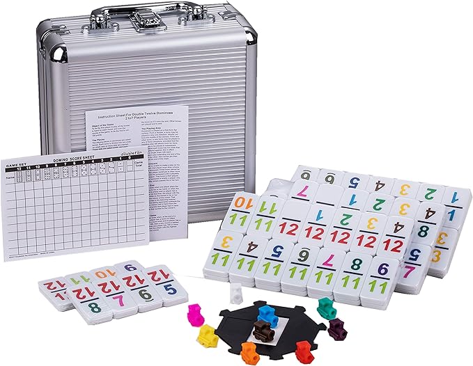 Doublefan Mexican Train Dominoes with Color Numbers,Double 12 Numerical Domino Game, Chicken Foot Dominoes Set with Aluminum Case, 91 Tiles Dominoï¼ˆ2-10 Player