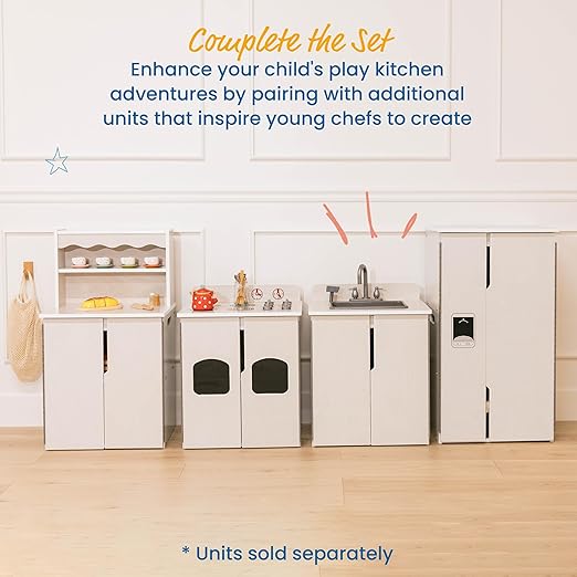 ECR4Kids Play Kitchen Refrigerator, Wooden Playset, White Wash