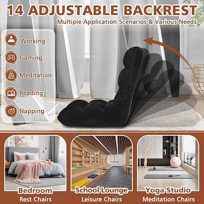 Folding Floor Chair 14-Position Cushioned Adjustable Floor Lazy Sofa Chair w/Breathable Cotton & Skin-Friendly Flannel for Adults & Kids Ideal for Reading Meditating, Black