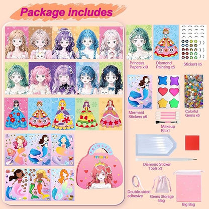 4-in-1 Dress Up Game Set, Princess Fantasy Makeup, Fashion Dress-Up Stickers, Mermaid Stickers & Diamond Painting, Creative Paper Art Craft Kits Toys, Ideal Birthday Gift for Girls Ages 4 5 6 7 8 9+