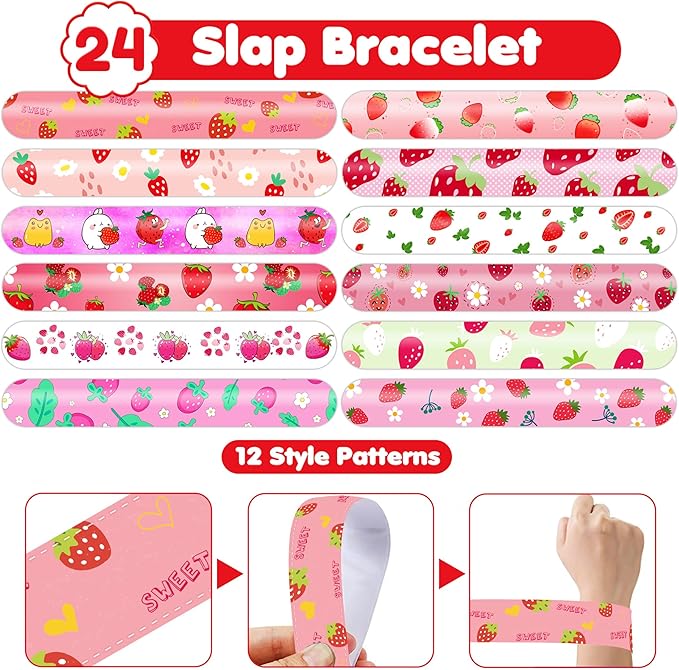 48PCS Strawberry Party Favors - 24PCS Tattoos & 24PCS Slap Bracelets - Berry Themed Birthday, Baby Shower, Goody Bag Fillers, Summer Party Supplies, Classroom Prizes, Gifts for Kids & Toddlers