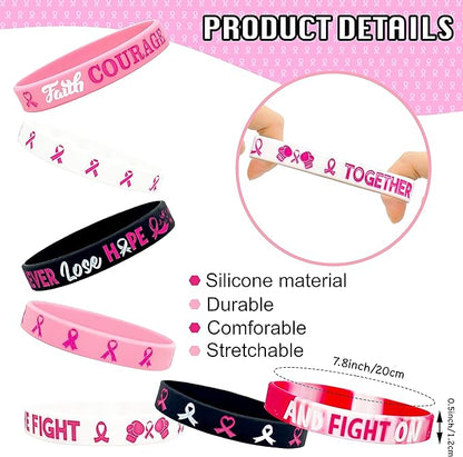 60 Pcs Breast Cancer Awareness Accessories Stuff ,Pink Ribbon Breast Cancer Awareness Silicone Bracelet Wristbands and Button Badges Pins Gifts for Women Girl Pink Party Favors