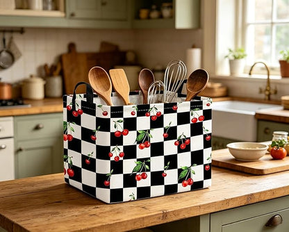 Rectangular Cherry baskets,Racing flag basket,Kids Storage Bins,Waterproof Collapsible Storage Bin,Toy Storage Bin,Cute Organizer Box,Book baskets,Girl room Decor(Cherry)