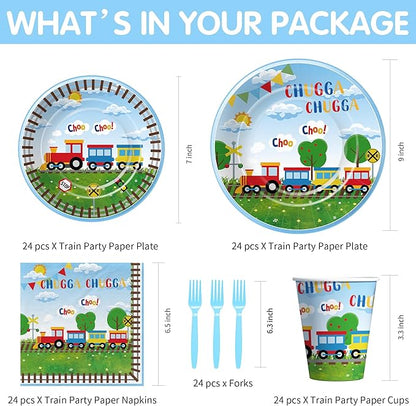 Train Birthday Plates And Napkins Party Supplies Dinnerware, Train Birthday Decorations, Plate, Cup, Napkin, Fork, Train Theme Chugga Choo Party Supplies For 1st 2nd 3rd Birthday | 24 Guests