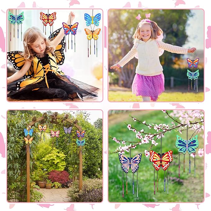 Fennoral 8 Pack Butterfly Wind Chime Kits for Kids Make Your Own Butterfly Wind Chimes Wooden Arts and Crafts Ornaments DIY to Paint Butterfly Craft for Fall Art Activity Birthday Decoration