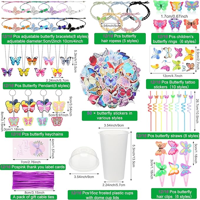 Ecally 211 Pcs Butterfly Party Favors for Girls with Butterfly Keychain Hairpins Stickers Bracelet Ring Necklace Tattoo Reusable Straws Plastic Cups with Dome Lids Tag for Kids Fairy Birthday Gift