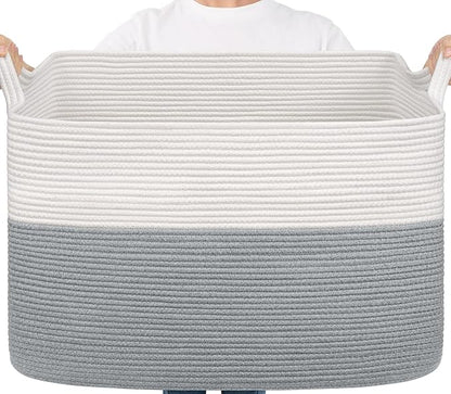Goodpick 105L Extra Large Woven Blanket Basket Cotton Rope Storage Baskets for Organizing, Rectangle Baby Laundry Basket for Living Room Home Decor, 25"x16"x16", White & Gray