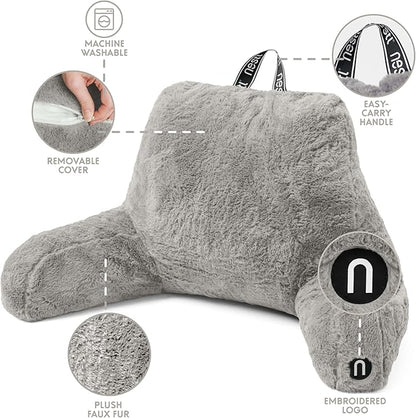 Nestl Fur Reading Pillow, Stylish Back Pillow for Bed Sitting Up, Faux Fur Bed Chair Pillow with Arms, Reading Pillows for Sitting in Bed Adult & Kids, Sit Up Back Support Pillow for Bed Rest - Grey