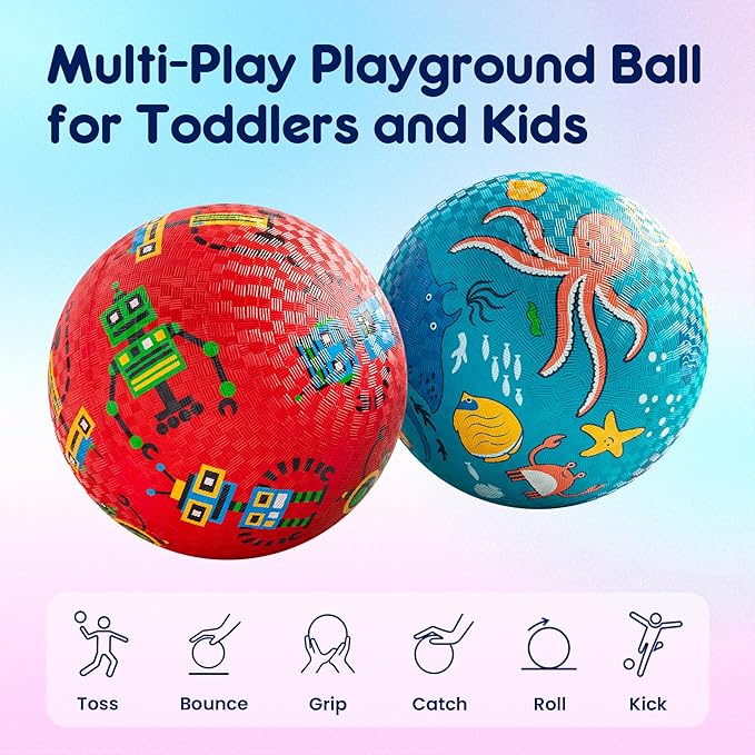 U&C Planet Playground Balls for Toddlers 1-3, 2 Pack 6 inch 8.5 inch Kickball for Kids Outdoor Indoor, Catoon Rubber Balls with Pump, Child Gift for Boys Girls 1-3 3-5 5-10