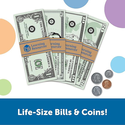 Learning Resources Pretend Play Money - Math Manipulatives for Kids, Kids Bank, Plastic Coins, Cash Register, Toddler, Homeschool Supplies, Fine Motor Skills, Teaching Set Manipulatives