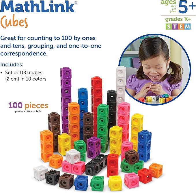 Learning Resources MathLink Cubes - Set of 100 Cubes, Ages 5+ Kindergarten, STEM Activities, Math Manipulatives, Homeschool Supplies, Teacher Supplies