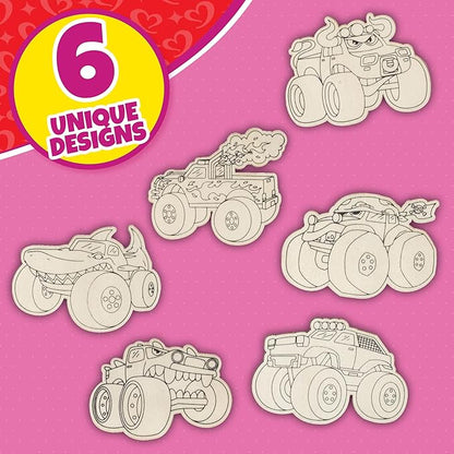 Kids Valentine's Day Cards - Monster Trucks Wood Painting Craft Kits (24ct)- Each Valentines Card Includes Craft w Paints, Brush, and Sticker- Make Classroom School Exchange Gifts Fun for Boys & Girls