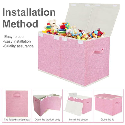 VERONLY Large Collapsible Toy Storage Box with Lid & Handles - Kids Organizer Chest for Toys, Clothes, Blankets (Pink, Nursery, Playroom, Bedroom)-24.5''×13''×16''