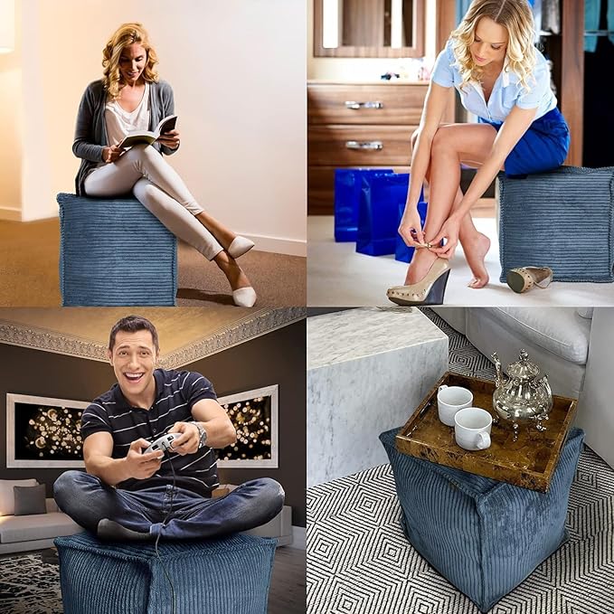 Louis Donné Unstuffed Pouf Ottoman Square Stylish Storage Empty Footrest Pouf Cover for Organizing and Decluttering Extra Clothes Blankets and Kids' Toys Greyish Blue (Only Cover)