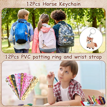 110-Piece Horse-Themed Party Favor Set - Includes 12 Horse Figurines, 12 Horse Toy Stickers, 12 Cowboy Slap Bracelets, 50 Horse Stickers, 12 Horse Keychains, and 12 Kraft Paper Bags