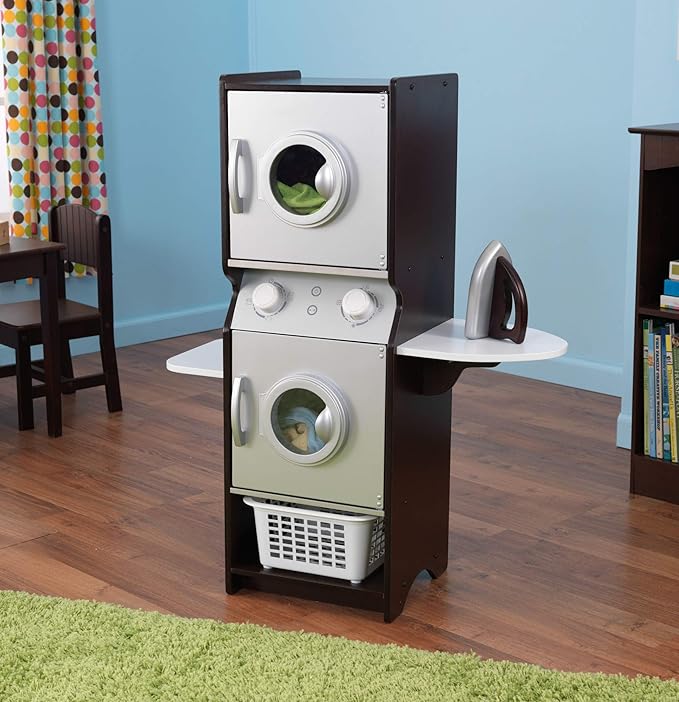 KidKraft Laundry Playset Children's Pretend Wooden Stacking Washer and Dryer Toy with Iron and Basket, Espresso, Gift for Ages 3+