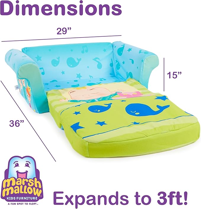 MARSHMALLOW Furniture, Cocomelon 3-in-1 Slumber Sofa Baby Lounger, Convertible Kids Couch, Sofa Bed & Foam Toddler Nap Mat with Attached Blanket