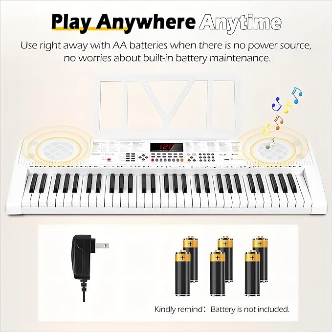 Vangoa Keyboard Piano 61 Key, Full Size Electric Piano Keyboard Light UP Keys with 3 Teaching Modes, Learning Music Keyboard Piano with Stand Headphones for Beginners, VGK6101 White