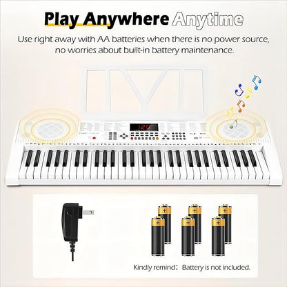 Vangoa Keyboard Piano 61 Key, Full Size Electric Piano Keyboard Light UP Keys with 3 Teaching Modes, Learning Music Keyboard Piano with Stand Headphones for Beginners, VGK6101 White