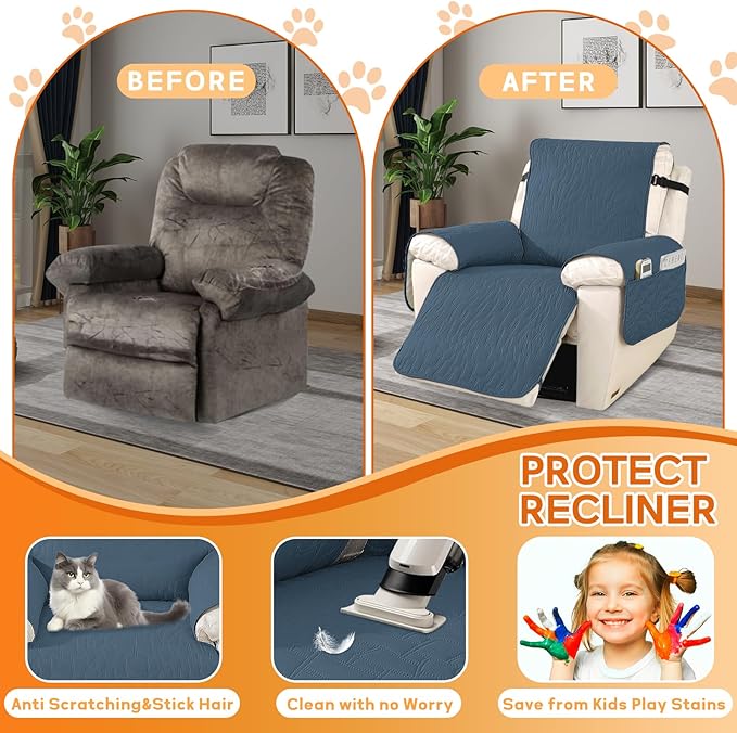 XINEAGE 100% Waterproof Recliner Chair Covers with Elastic Straps, Nonslip Reclining Couch Covers Washable Recliner Couch Cover with Pockets Furniture Protector for Pets Dogs (Berlin Blue, 23")